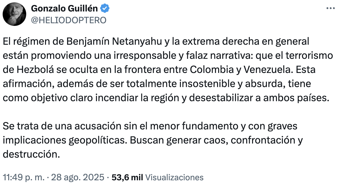 Gonzalo Guillén denuncia narrativa “falaz” sobre presencia de Hezbolá en frontera colombo-venezolana