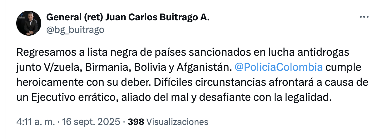 Colombia regresa a la lista negra antidrogas: La crítica del general Buitrago