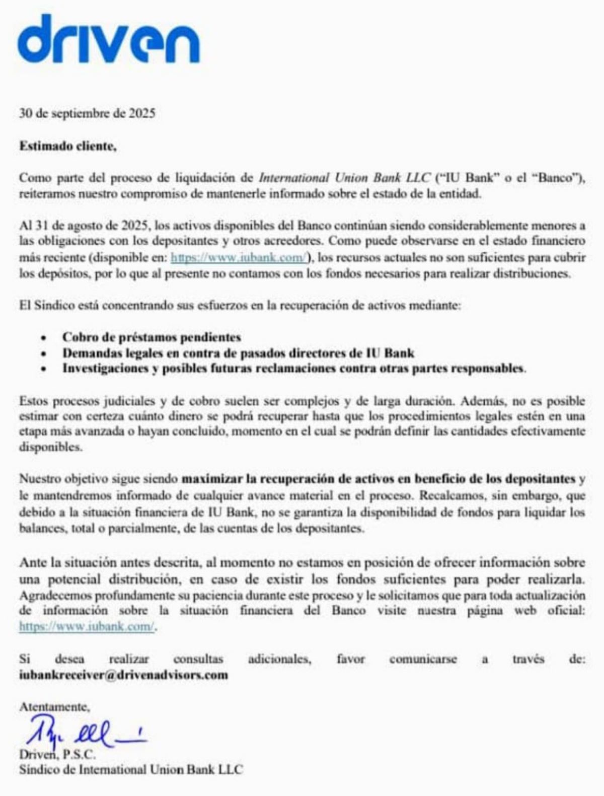 IU Bank: El síndico advierte de un proceso legal «largo y complejo» sin garantía de recuperación de fondos para depositantes venezolanos