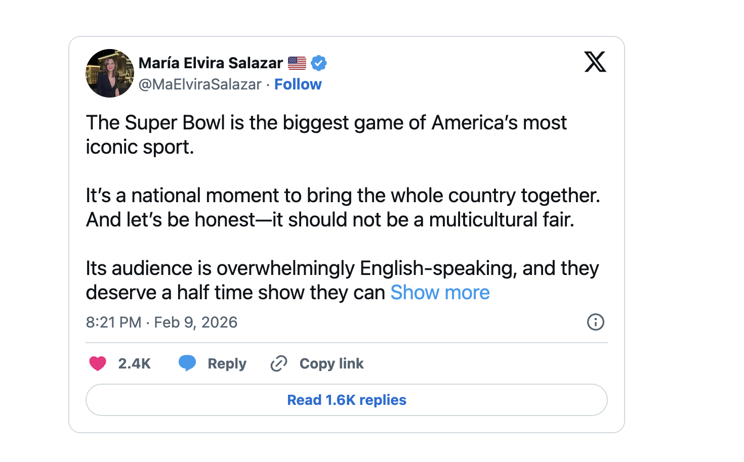 Representante de Miami y ex presentadora de televisión en español critica el espectáculo de medio tiempo solo en español